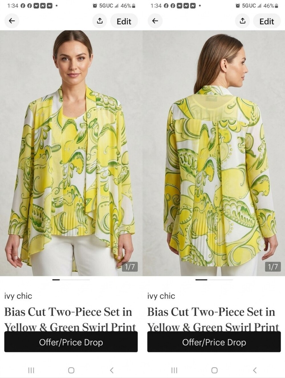 Bias Cut Two-Piece Set in Yellow & Green Swirl Print